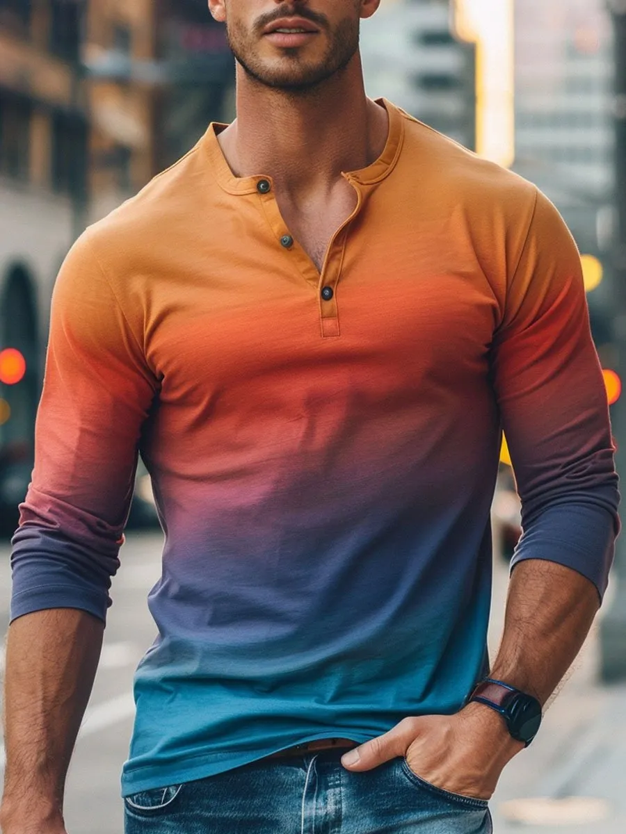 Men's Gradient Rainbow Print Henley Collar Casual Long Sleeve T-Shirt