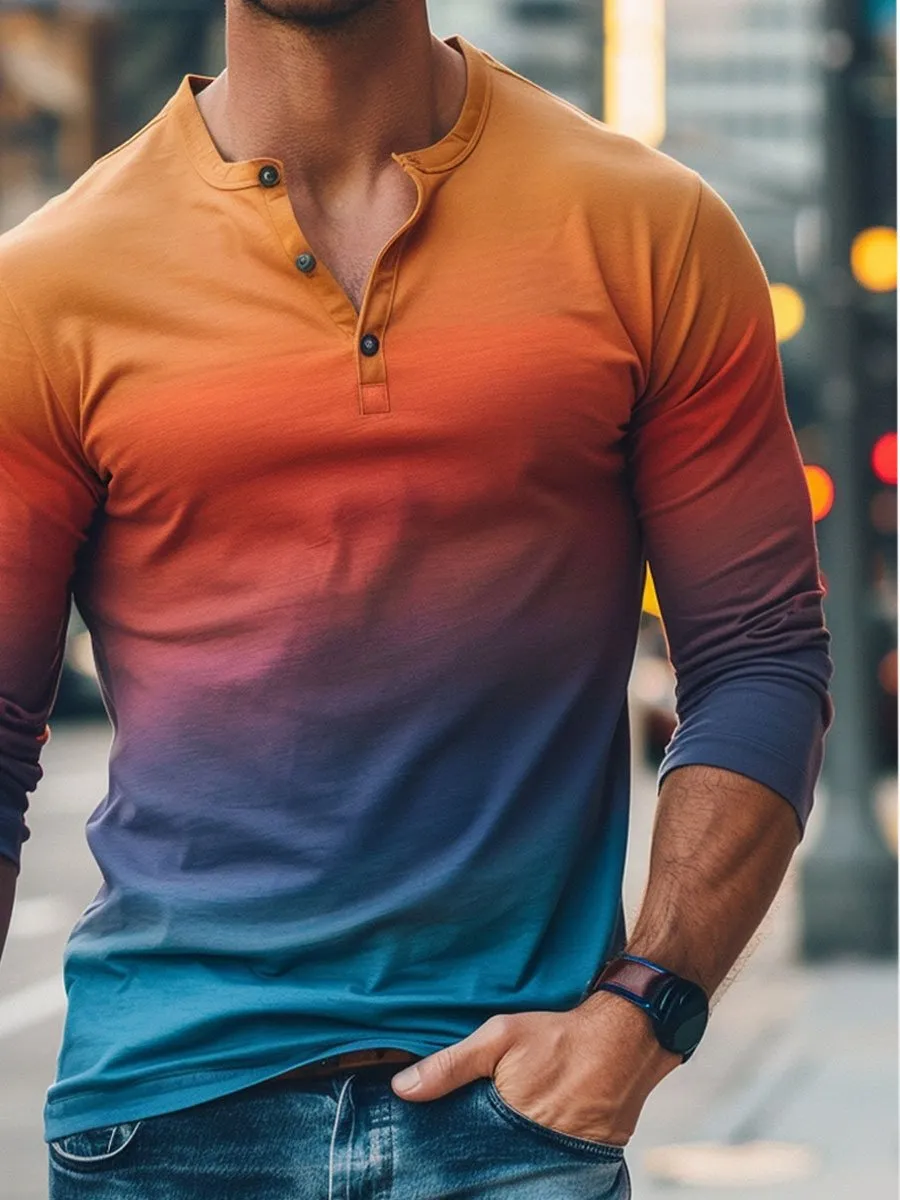 Men's Gradient Rainbow Print Henley Collar Casual Long Sleeve T-Shirt