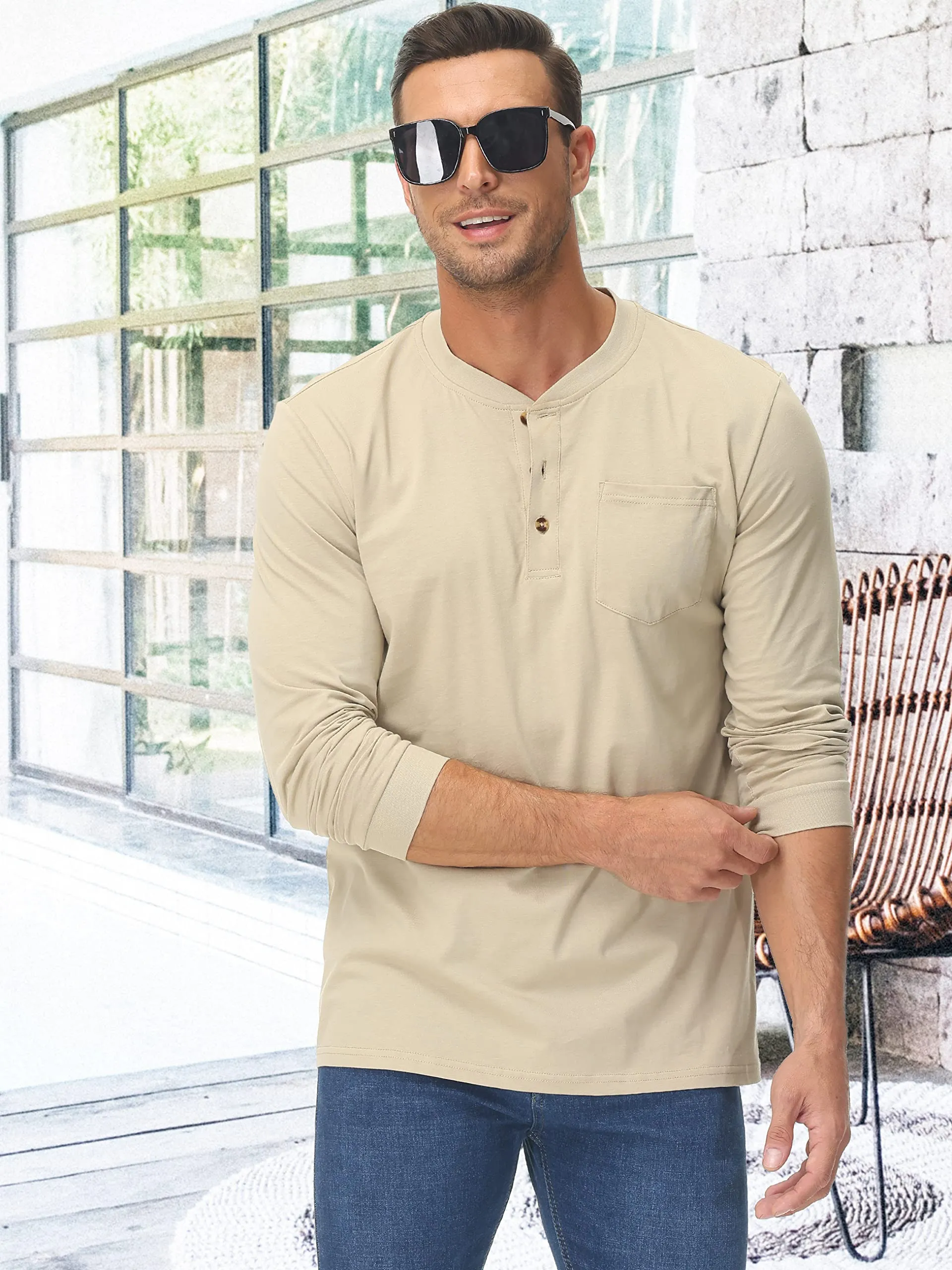 Men's Henley Shirt Cotton Long Sleeve Shirts