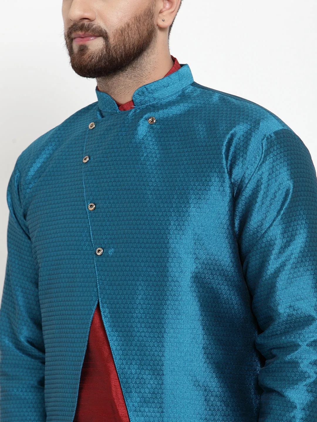 Men's Maroon Kurta With Pyjama & Peacock Blue Self Design Jacket - Benstoke