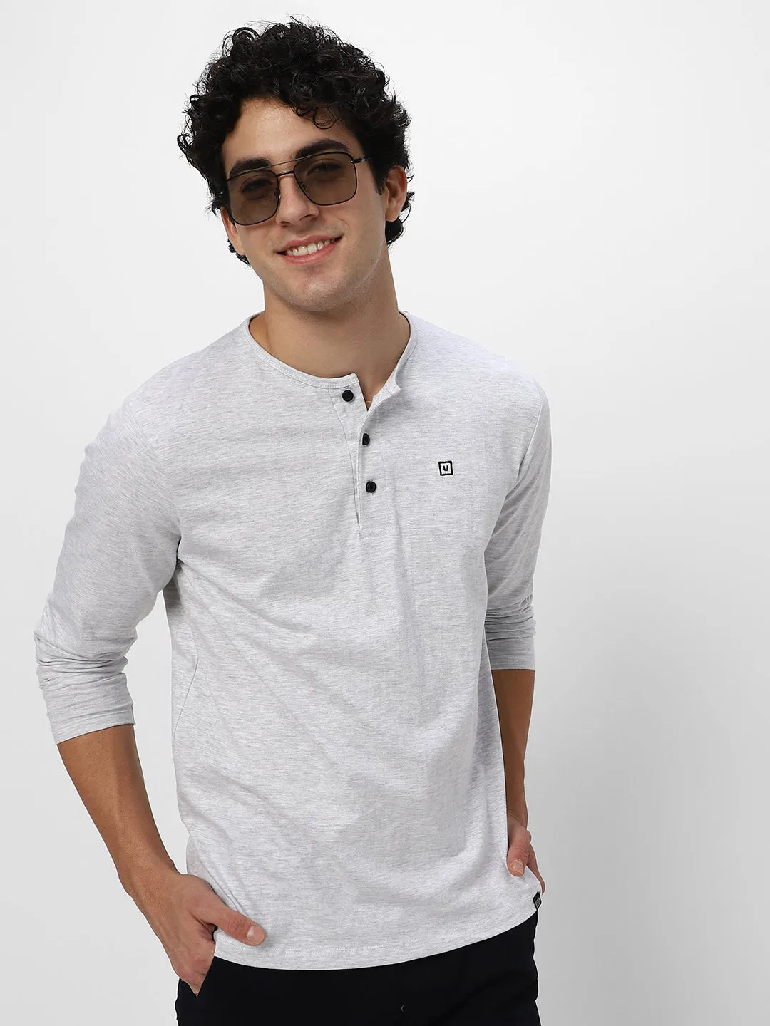Men's White Melange Solid Henley Neck Slim Fit Full Sleeve Cotton T-Shirt