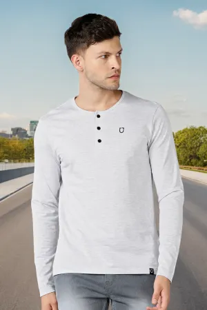 Men's White Melange Solid Henley Neck Slim Fit Full Sleeve Cotton T-Shirt
