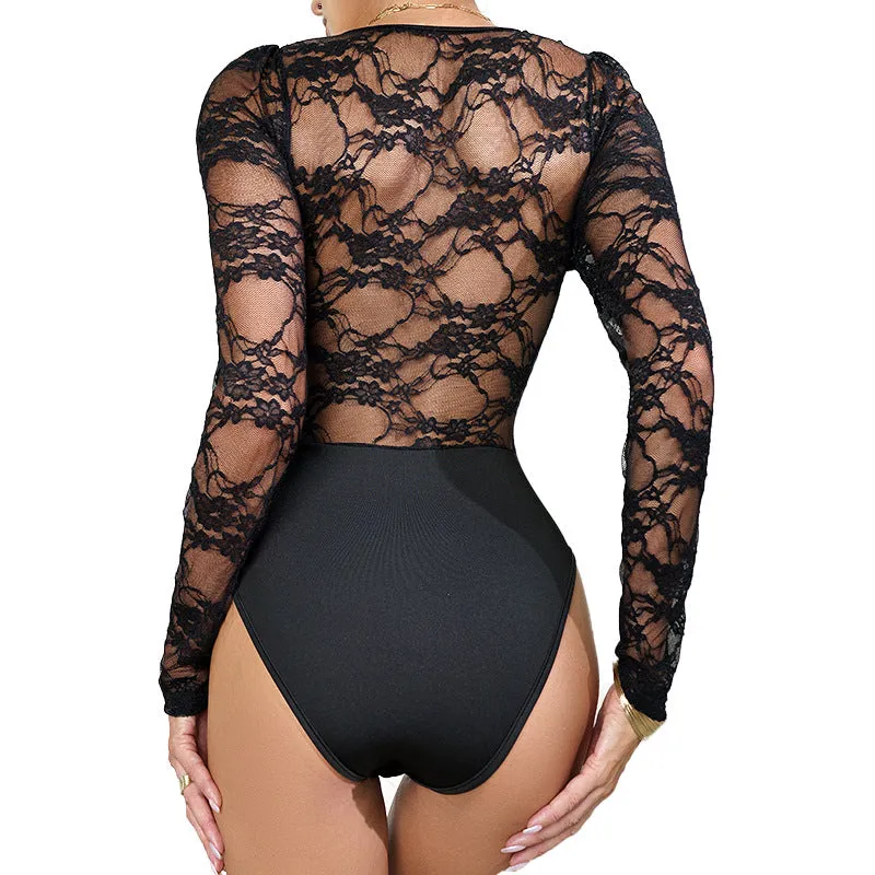 Mesh Long Sleeve Black Lace Bodysuits