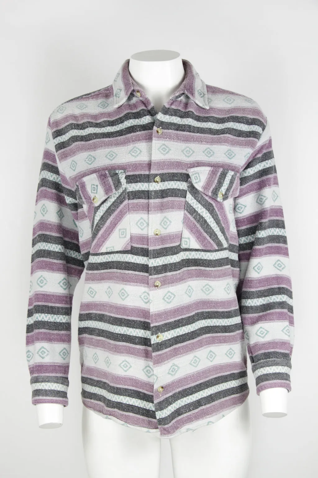 Patterned Flannel Shirt - Purple Green Grey stripe and pattern - S/M