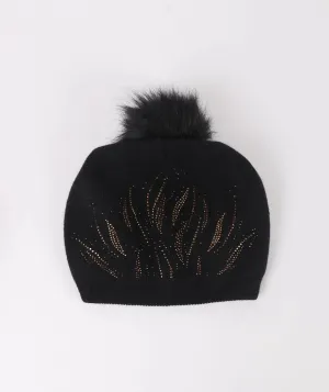 Pia Rossini Laurie Black Beanie Embellished Hat with Detachable Pom Pom