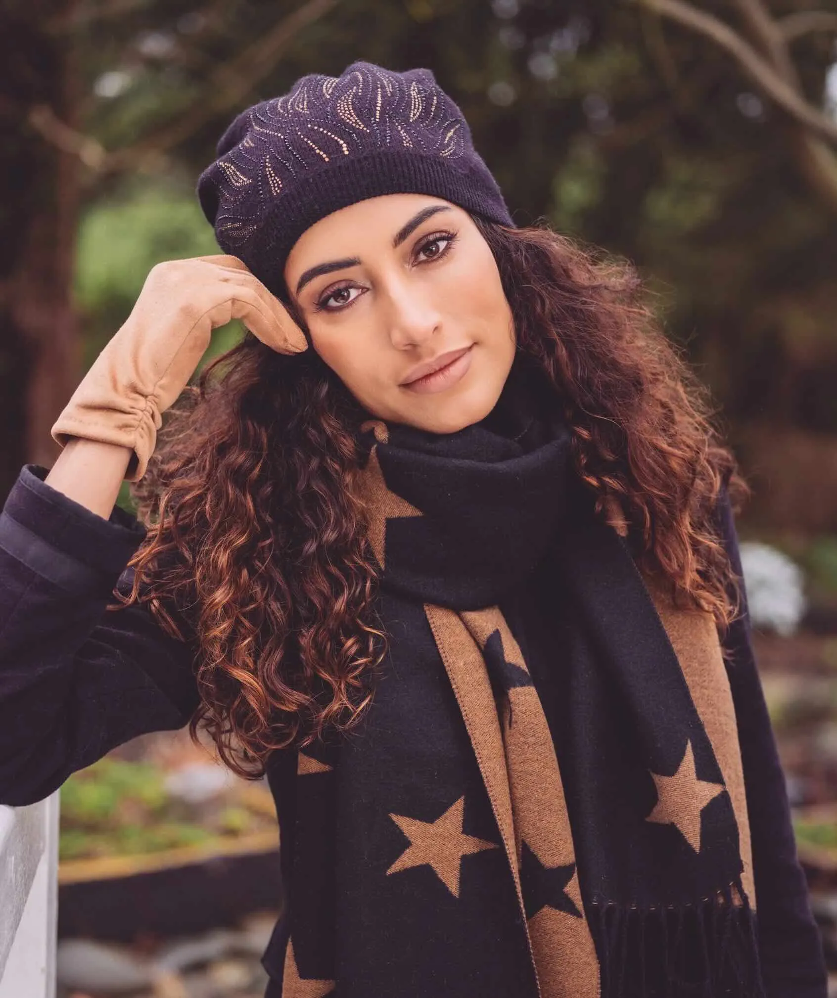 Pia Rossini Laurie Black Beanie Embellished Hat with Detachable Pom Pom