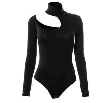 Sexy Hollow Turtleneck Women's Bodysuit Winter Plush Black