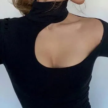 Sexy Hollow Turtleneck Women's Bodysuit Winter Plush Black