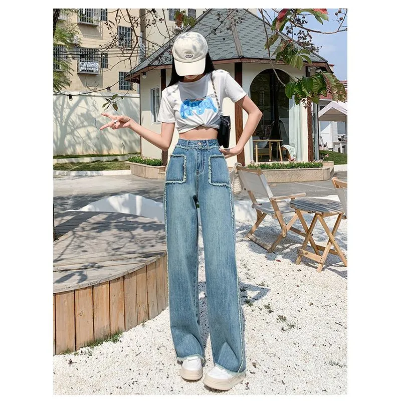 Slimming Draping Loose Fit Straight High-Waisted Thin Jeans