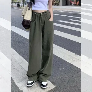 Slimming Green Washed Out Loose Fit Straight High-Waisted Retro Jeans