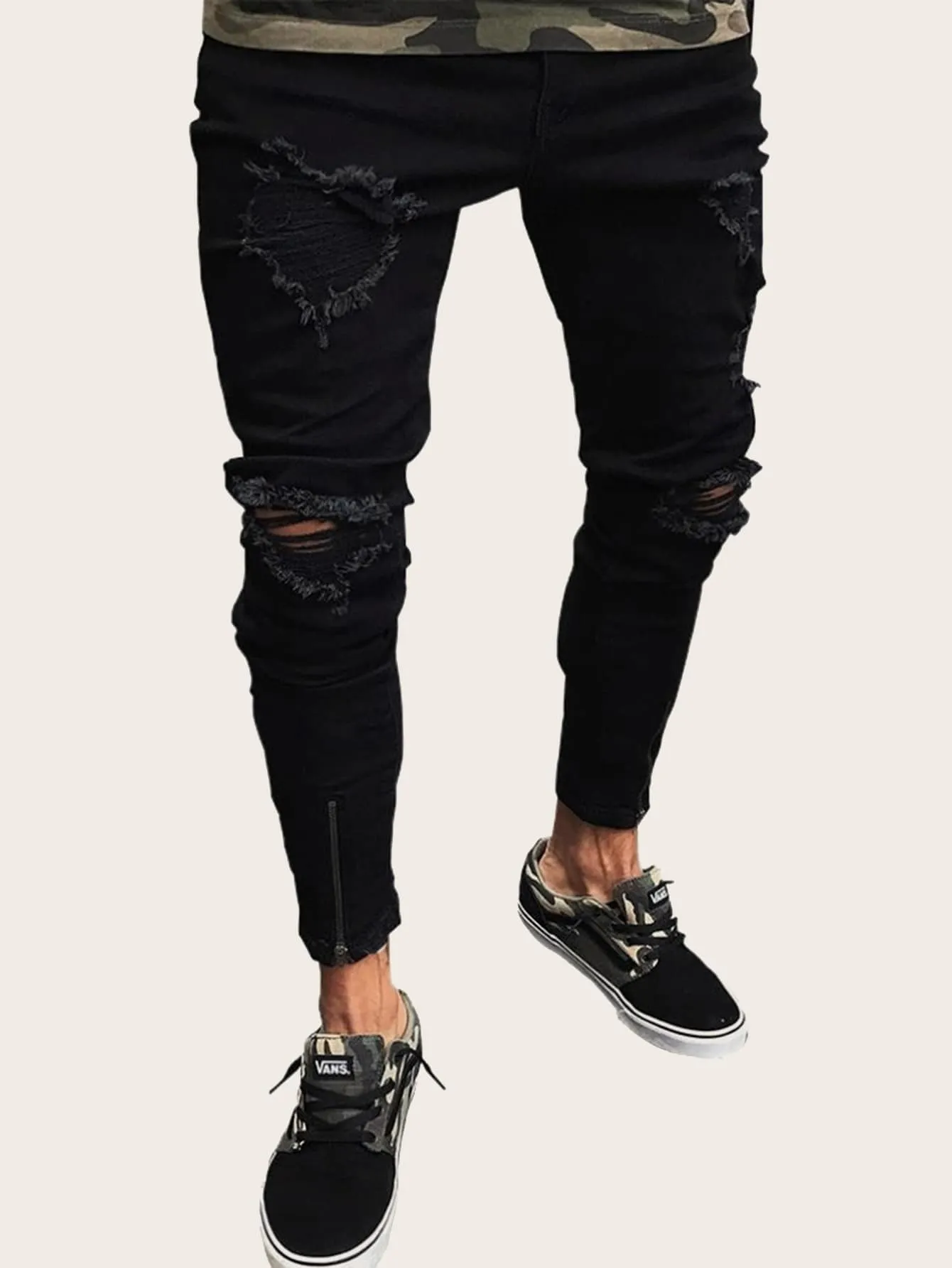 Tapered Button Fly Zip Hem Ripped Skinny Jeans