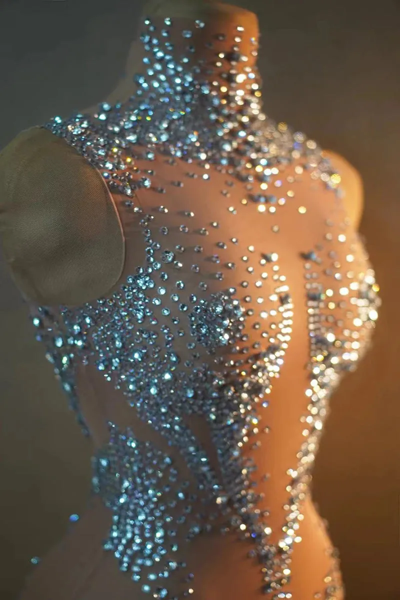 Trend4us Women’s Luxury Sparkling Crystal Bodysuit