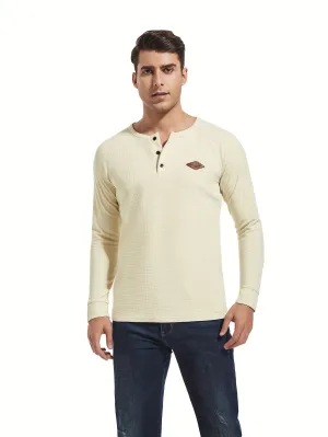 Truiger - Heren Wafelgebreide Lange Mouw Henley Shirt met Geborduurd Logo
