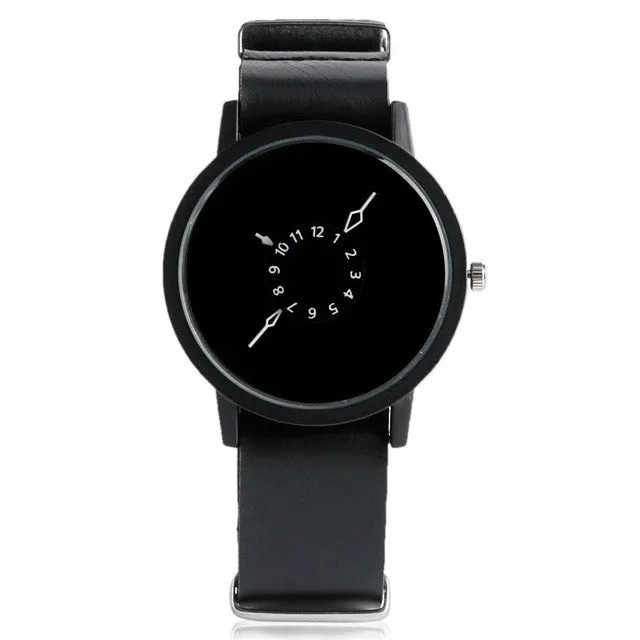 Unique Turntable PU Leather Strap Round Dial Quartz Wrist Watch Women Men Cool Brief Sport Band Casual Modern Simple Gift