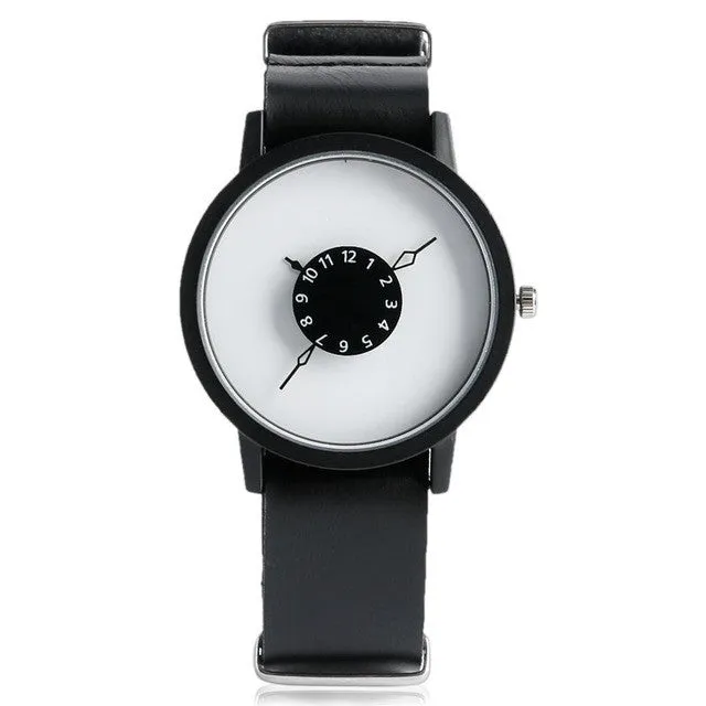 Unique Turntable PU Leather Strap Round Dial Quartz Wrist Watch Women Men Cool Brief Sport Band Casual Modern Simple Gift