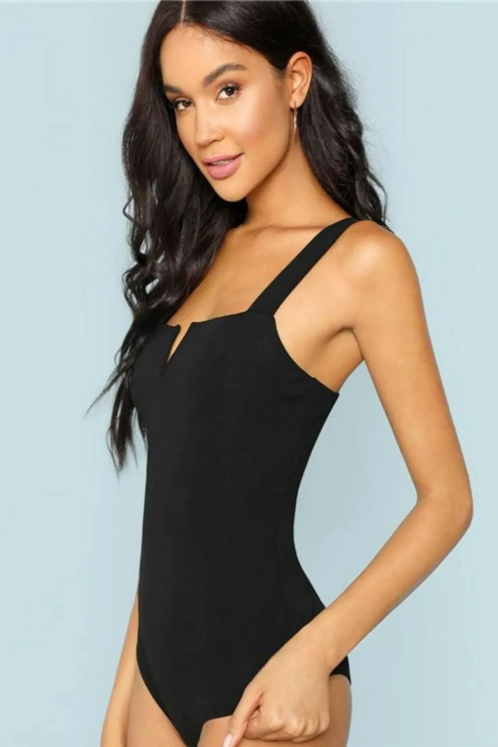 V Cut Black Bodysuit