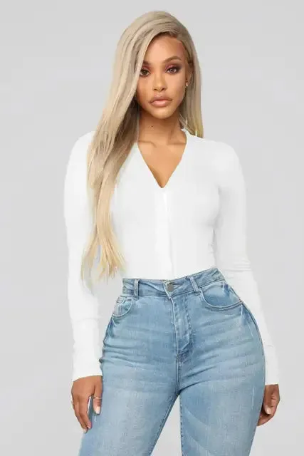 V-Neck Cotton Bodycon Long Sleeve White Bodysuit