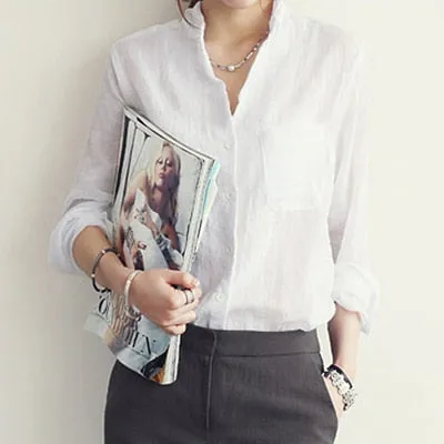VenusFox Chemisier Linen Long Sleeve Shirt Women Blouse