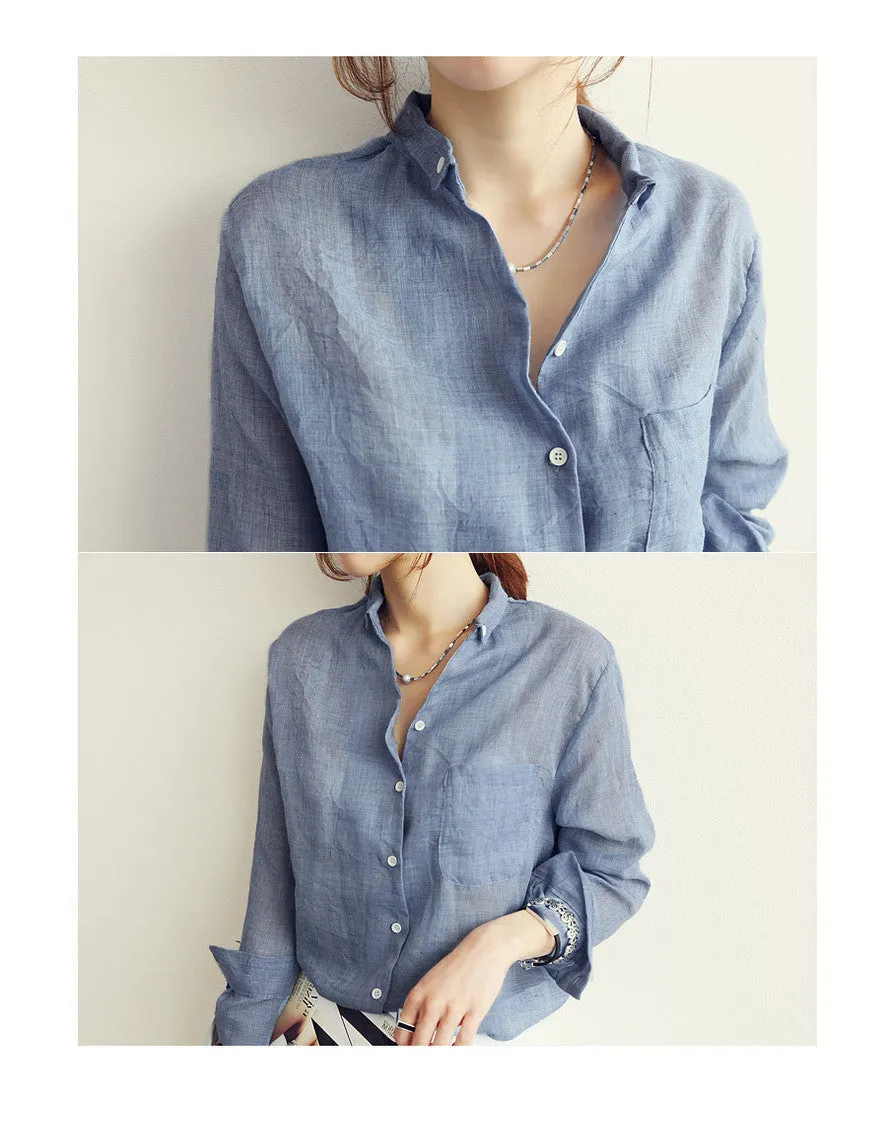 VenusFox Chemisier Linen Long Sleeve Shirt Women Blouse
