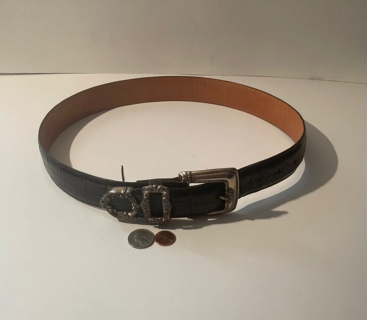 Vintage 1993 Leather Belt and Buckle, Brighton, Really Nice Silver Design, Heavy Feel To It, Quality, Size 30 to 34 Country and Western