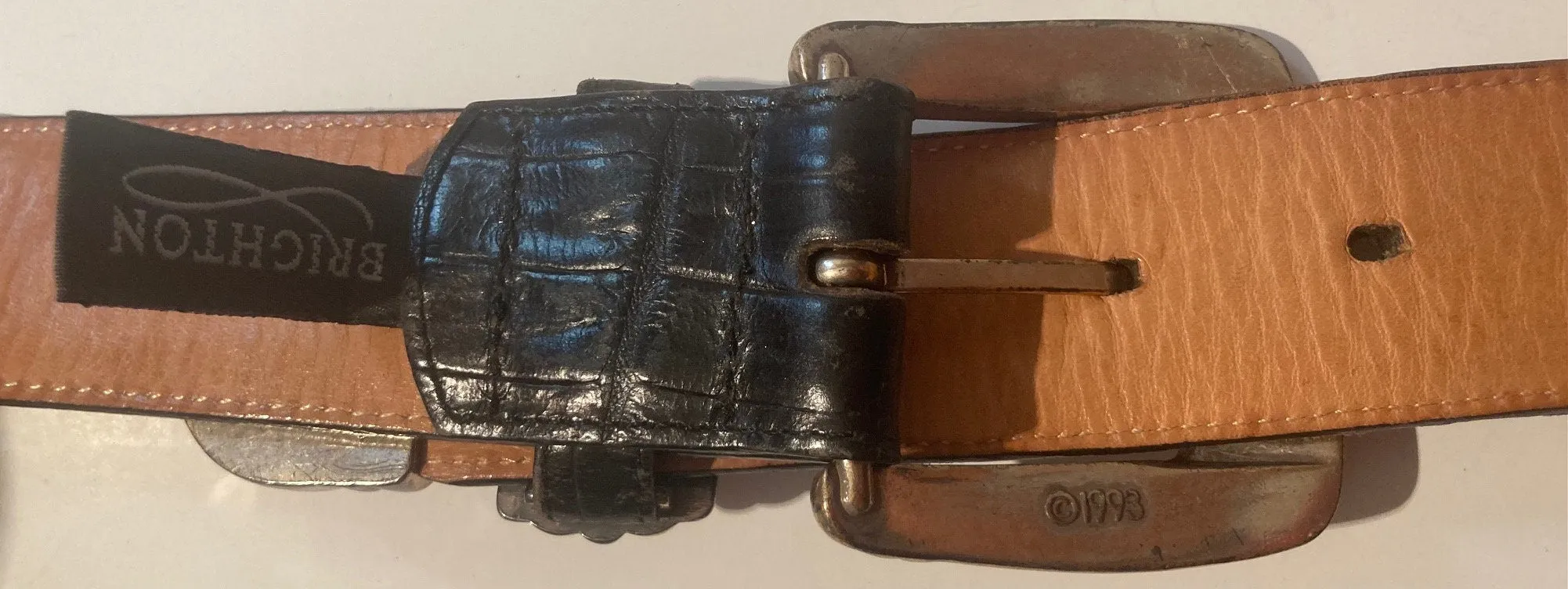 Vintage 1993 Leather Belt and Buckle, Brighton, Really Nice Silver Design, Heavy Feel To It, Quality, Size 30 to 34 Country and Western