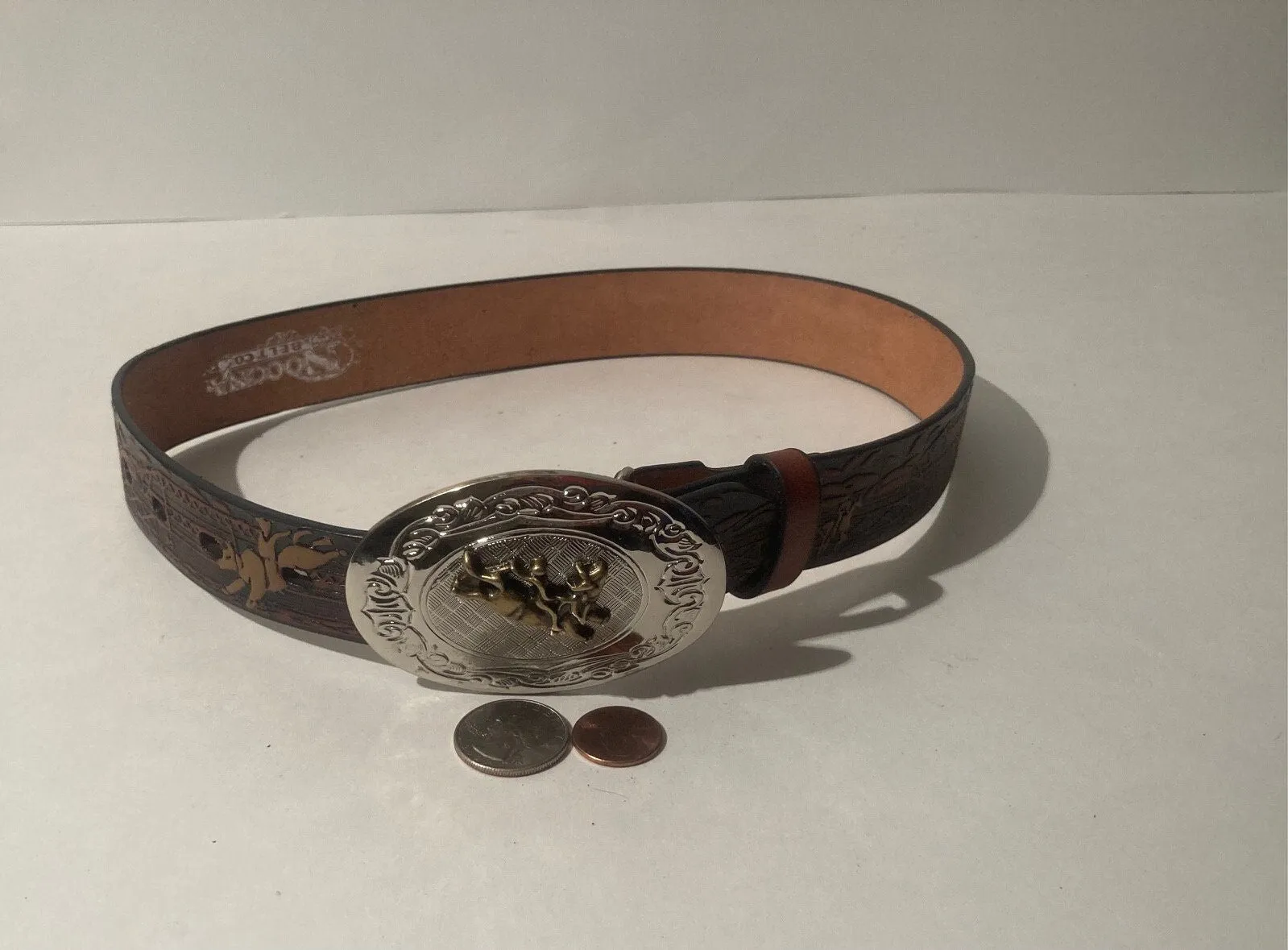 Vintage Boys Leather Belt and Buckle, Western, Nocona, Bull Riding, Belt, Quality, Size 22 to 26, Country and Western, Western Wear