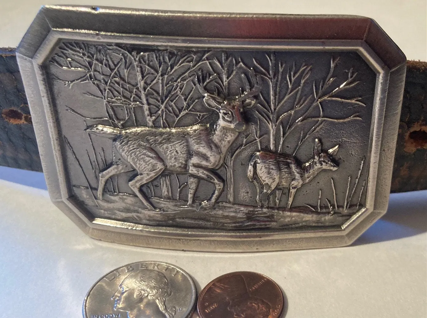 Vintage Leather Belt and Buckle, 1976 Buckle, Deer, Wildlife, Hand Tooled, Nice, Belts, Quality, Hand Made in Mexico, Size 48 to 58, Country