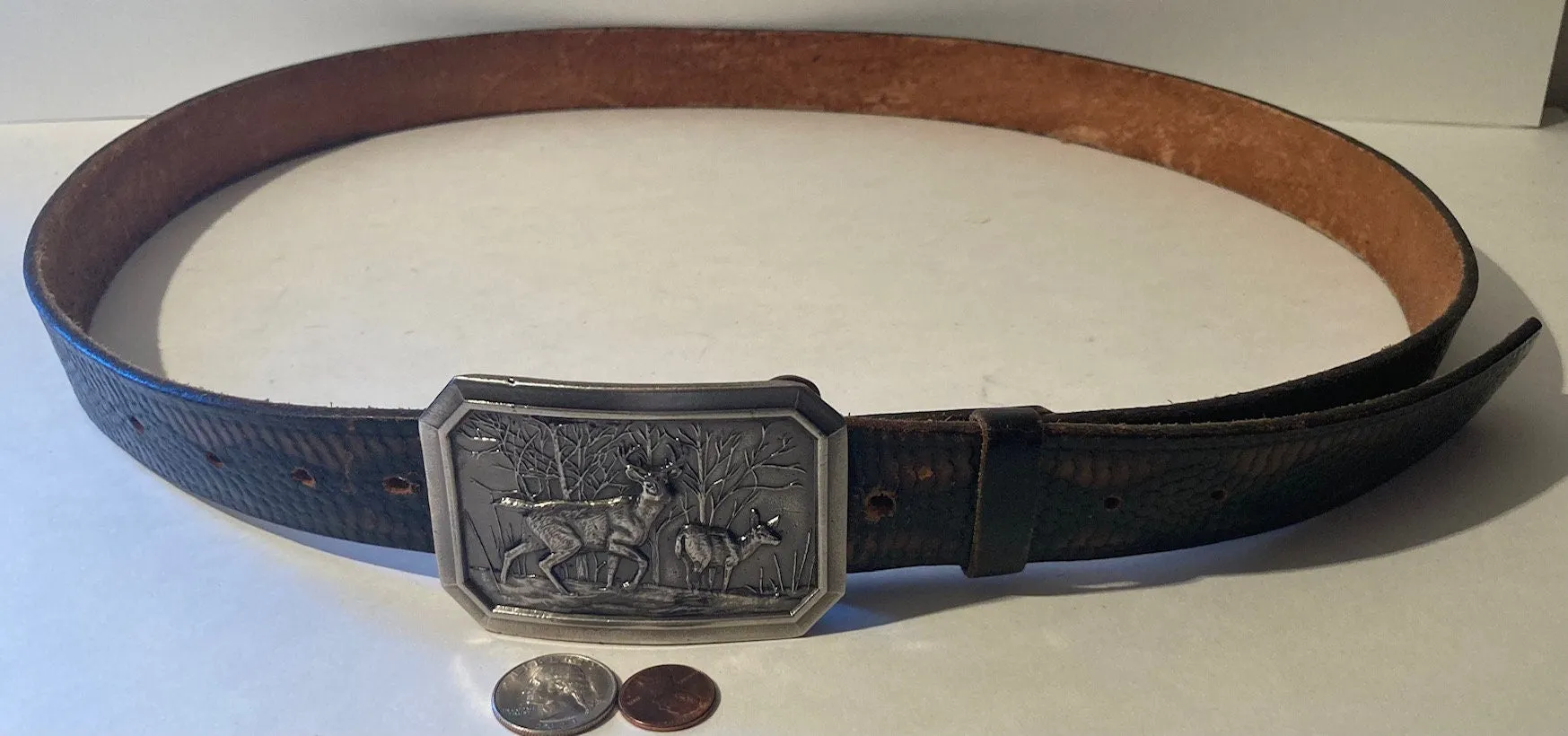 Vintage Leather Belt and Buckle, 1976 Buckle, Deer, Wildlife, Hand Tooled, Nice, Belts, Quality, Hand Made in Mexico, Size 48 to 58, Country