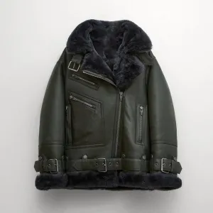 Women's Green RAF Aviator Styled Lambskin Black Shearling Leather Jacket