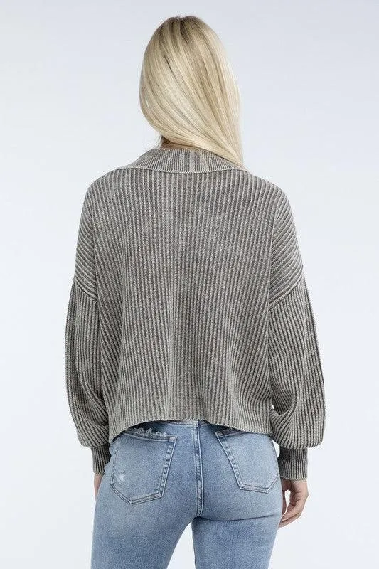 Zenana Washed Collared Henley Sweater