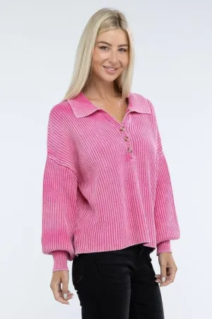 Zenana Washed Collared Henley Sweater