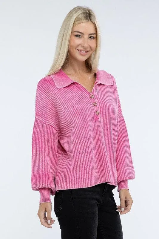 Zenana Washed Collared Henley Sweater